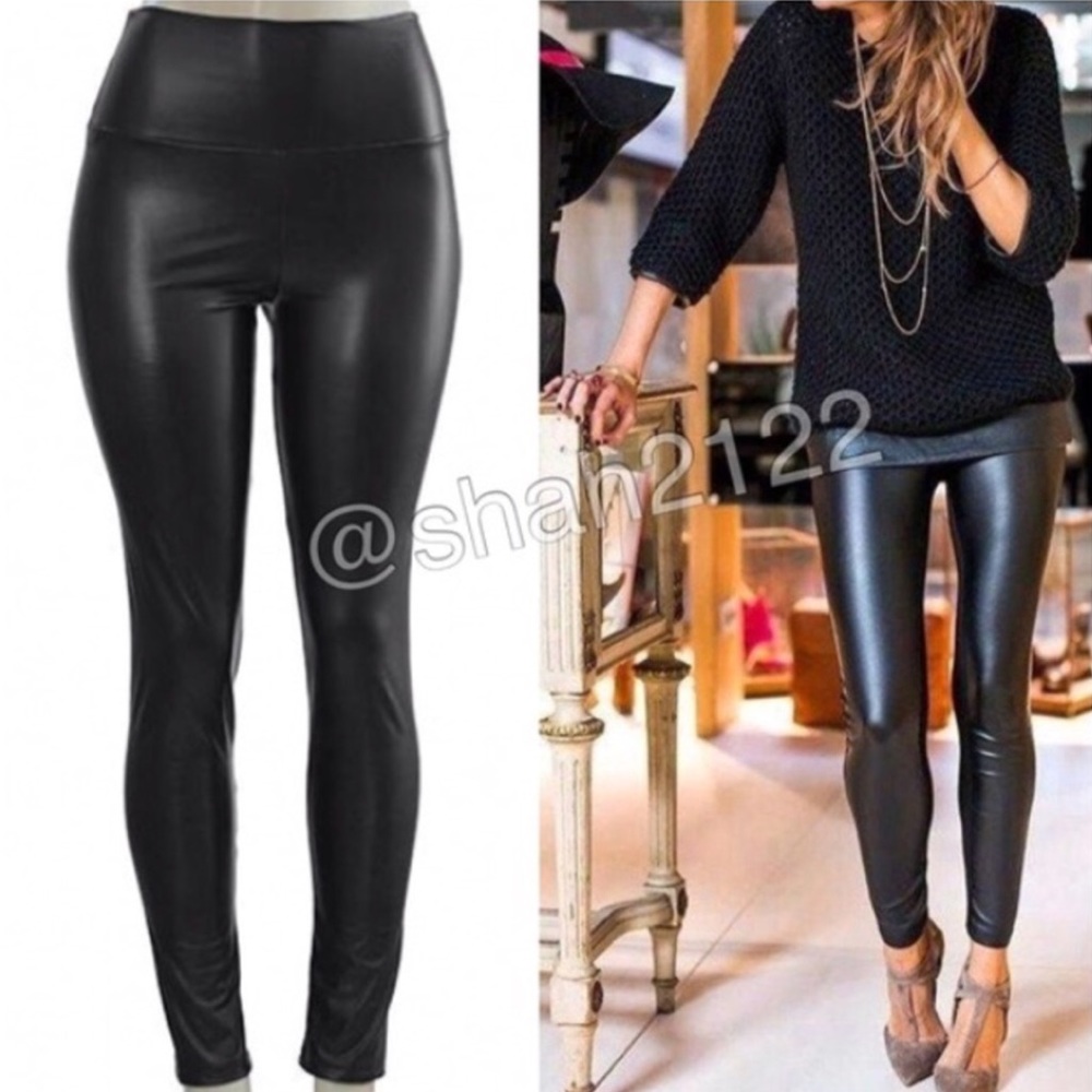 Black Faux Leather Fleece Lined Leggings S - XL - Picture 2 of 5